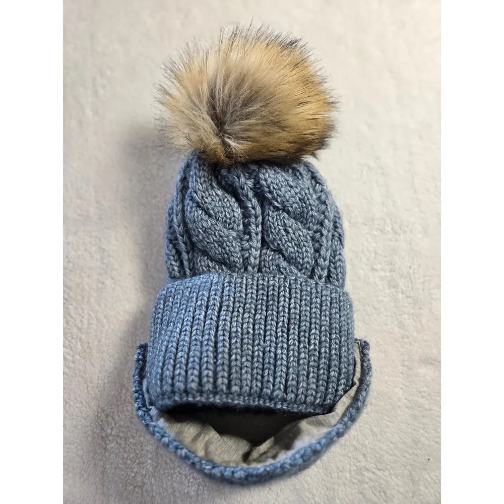 Anthropologie Blue Cable Knit Beanie Faux Fur Pom Fleece Lined Face Mask Button